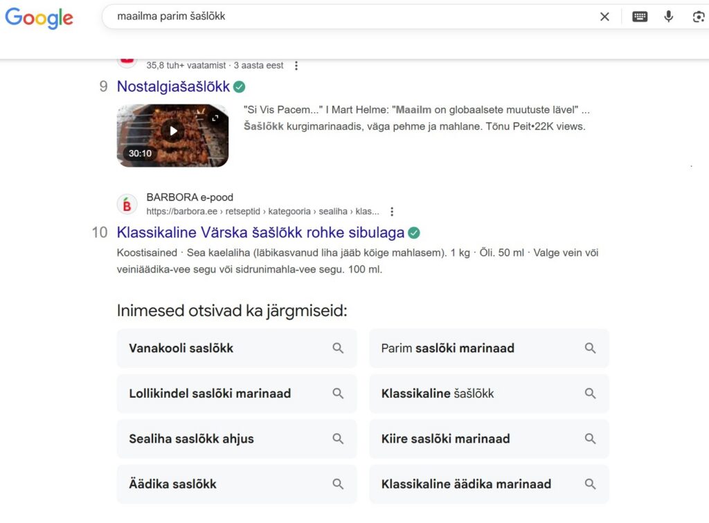 Kuvatõmmis "Inimesed otsivad ka järgmist" jaotis Google otsingus.
