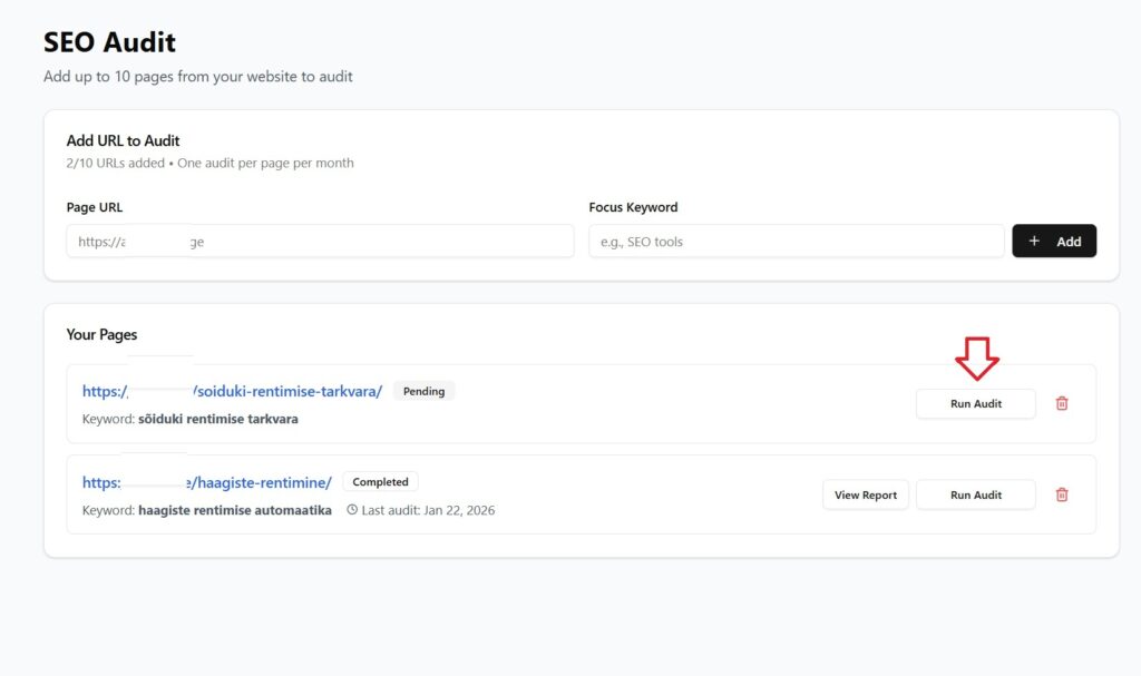 Pildil osutus, kuidas käivitada SEO audit.