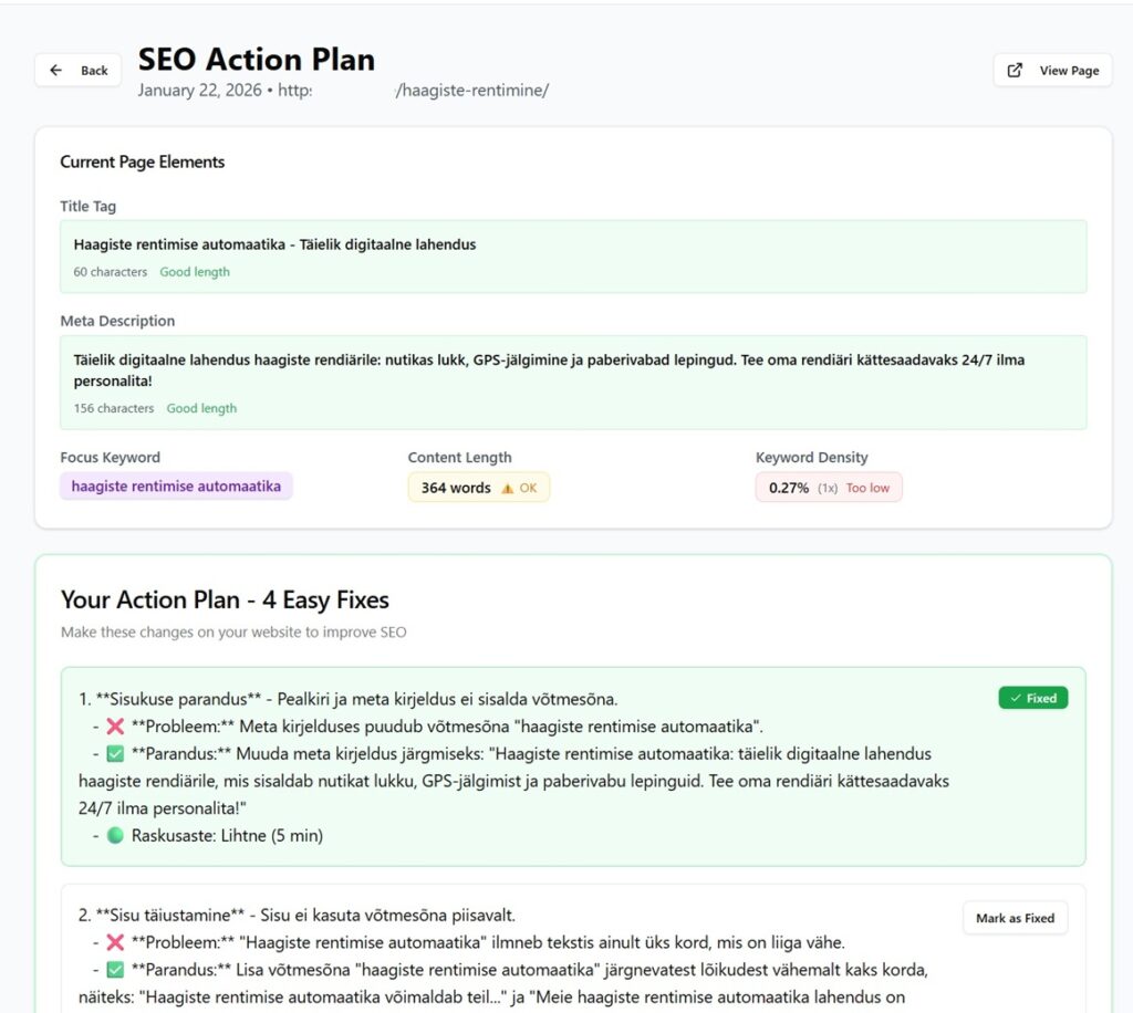 SEO optimizeri poolt genereeritud SEO tegevuskava näide.