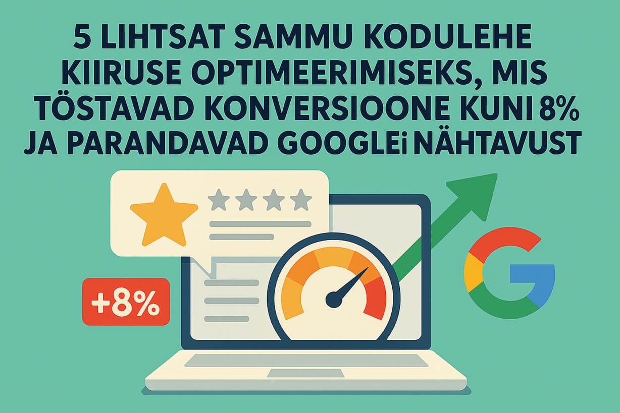 5 lihtsat sammu kodulehe kiiruse optimeerimiseks, mis tõstavad konversioone kuni 8% ja parandavad Google'i nähtavust.