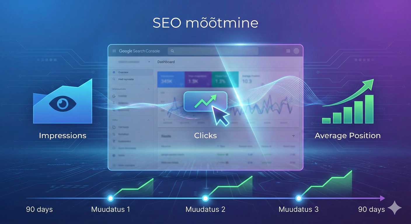 SEO mõõdikuid kujutav illustratsioon: analüütikaekraan, trendijooned ja ikoonid, mis sümboliseerivad impressioone, klikke ja positsioonimuutusi.