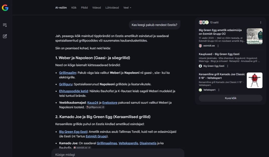 Nii näeb välja Google AI-režiimi otsingutulemuste leht, milles on välja toodud soovitused ja lingid.