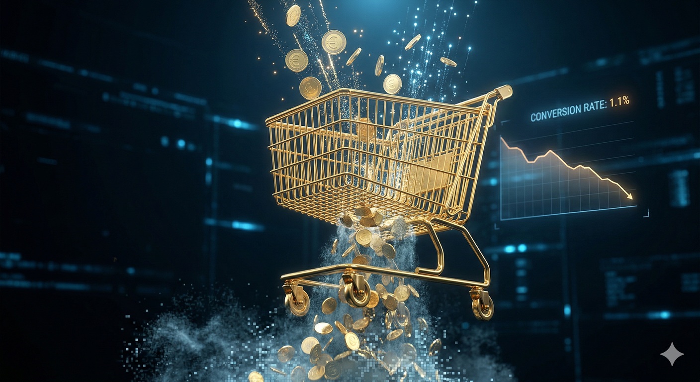 Tunnuspilt artiklile: Kujutatud on ostukorvi, millest osa raha kukub läbi immiteerides asjaolu, et osa e-poe liiklusest ei konverteeru rahaks, kuna midagi on sellel takistuseks.