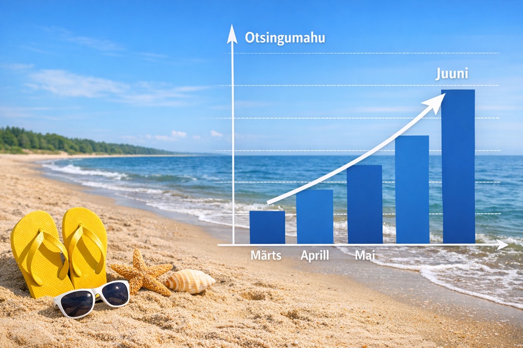 Turismisektori SEO: pildil rand ja graafik, mis näitab, et kevadel hakkab turismivaldkonna otsingumahud kasvama ja saavutab tipu juunis.