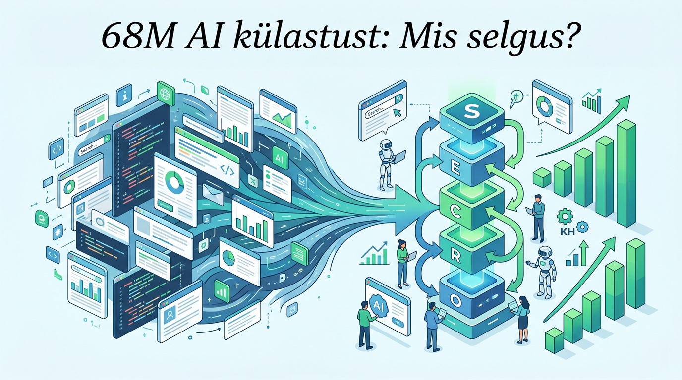 Illustratsioon SEO andmete analüüsist, kus vasakul on kaootilised veebilehed ja paremal organiseeritud SECRO raamistik koos kasvavate tulpdiagrammidega. Ülal on tekst '68M AI külastust: Mis selgus?'.