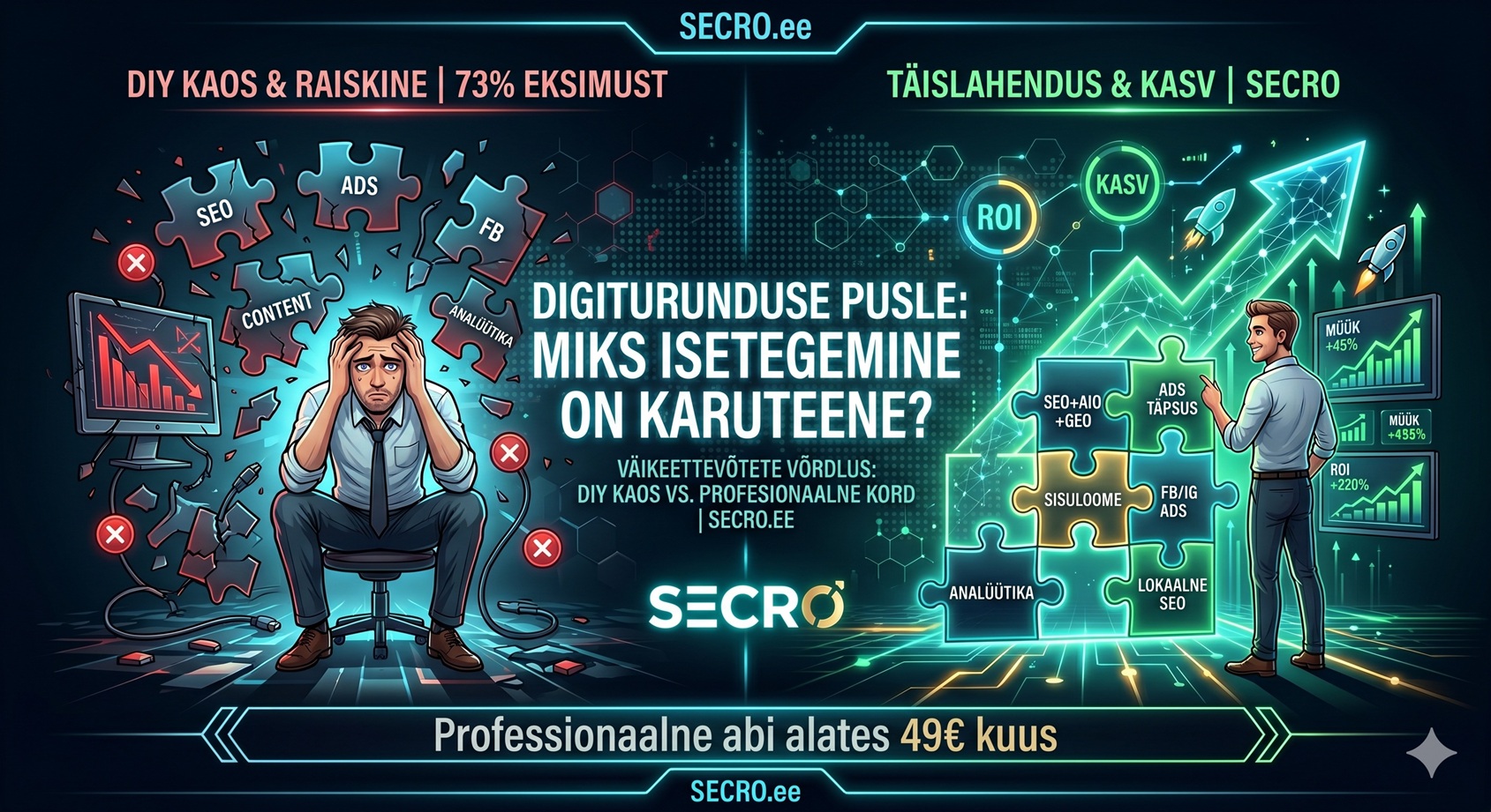 Võrdlev infograafika digiturunduse isetegemise ja SECRO täislahenduse vahel. Vasakul on kujutatud DIY kaos ja raisatud ressurss ning paremal professionaalne süsteem ja kasv. Tekst: Digiturunduse pusle: Miks isetegemine on karuteene? Professionaalne abi alates 49€ kuus.
