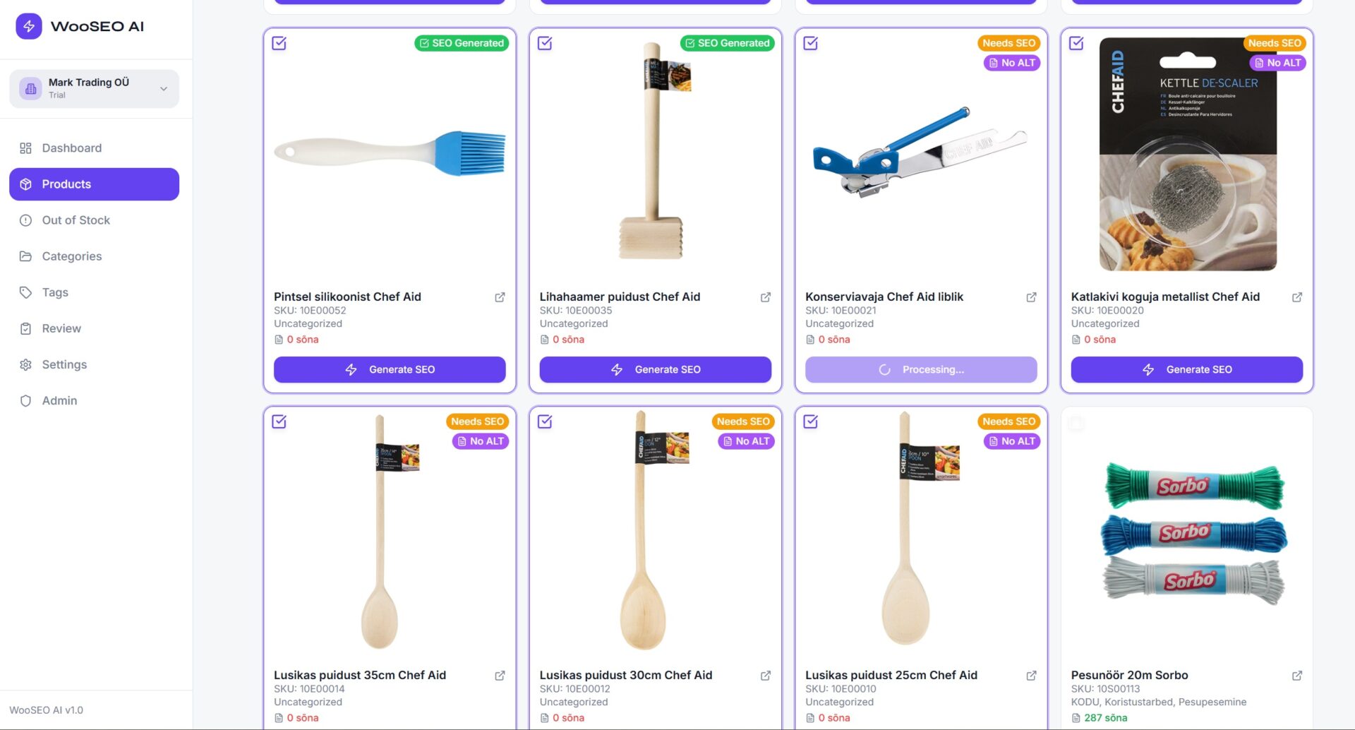 Vaade WooSEO APP-i toodete töölauale