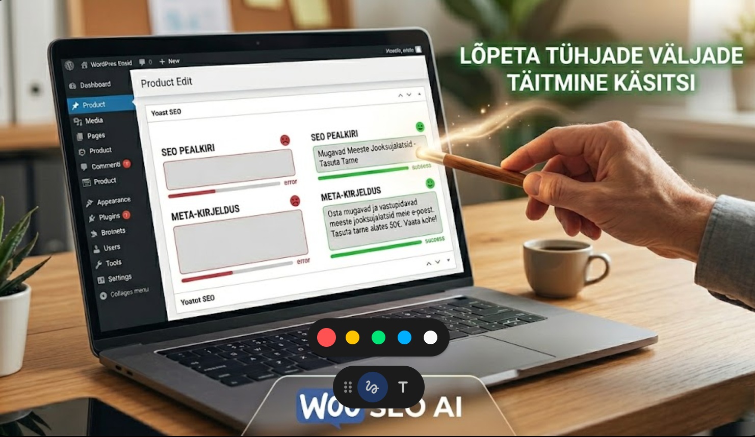 Lähivõte sülearvutist, kus WooSEO AI täidab automaatselt WooCommerce'i ja Yoast SEO tühjad meta-väljad, muutes punased SEO-vead rohelisteks õnnestumisteks; pildil on tekst Lõpeta tühjade väljade täitmine käsitsi ja Secro Solutions bränding.