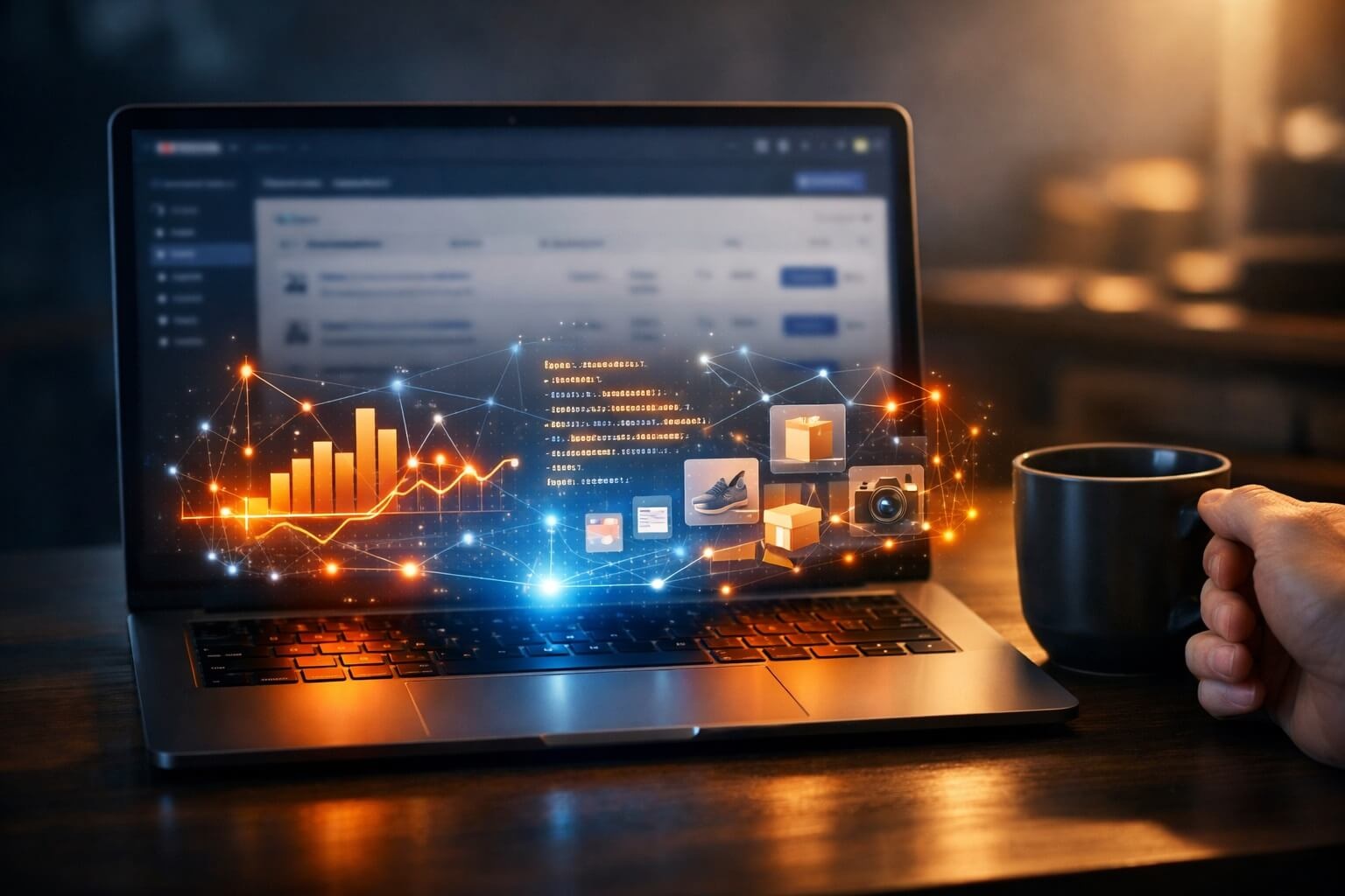 Avatud sülearvuti tumedal puidust töölaual, ekraanil hägus WooCommerce’i töölaud. Klaviatuuri kohal hõljub helendav holograafiline liides, mis kuvab andmegraafikuid, JSON‑koodi ja tooteikoonide võrgustikku sinistes ja oranžides toonides. Pildi servas hoiab inimene kohvitassi, sümboliseerides inimlikku kontrolli tehisintellekti üle.